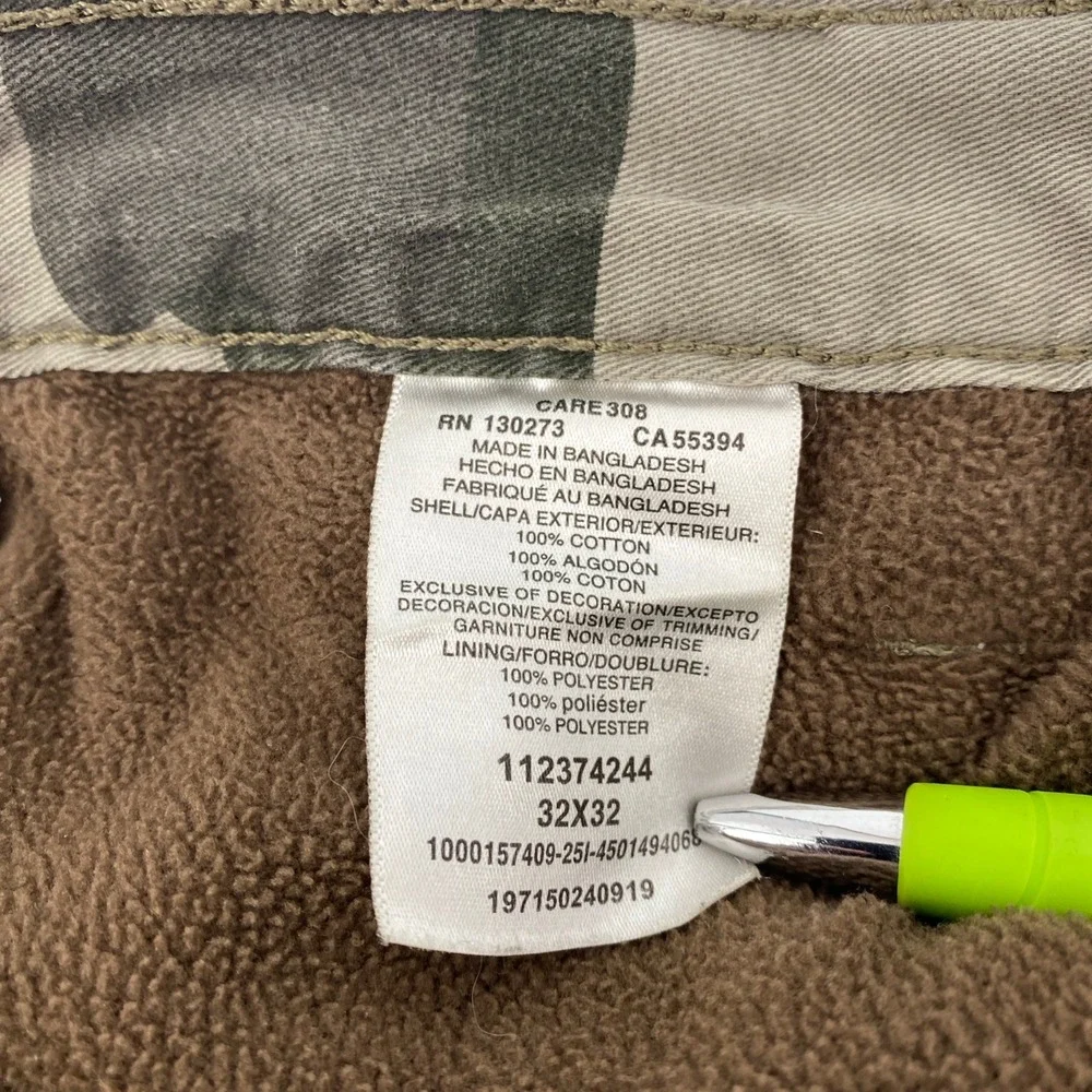 Wrangler‎ Cargo Pants Mens Tag 32x32 Fits 33x29 Camo Fleece Lined Relaxed Rugged